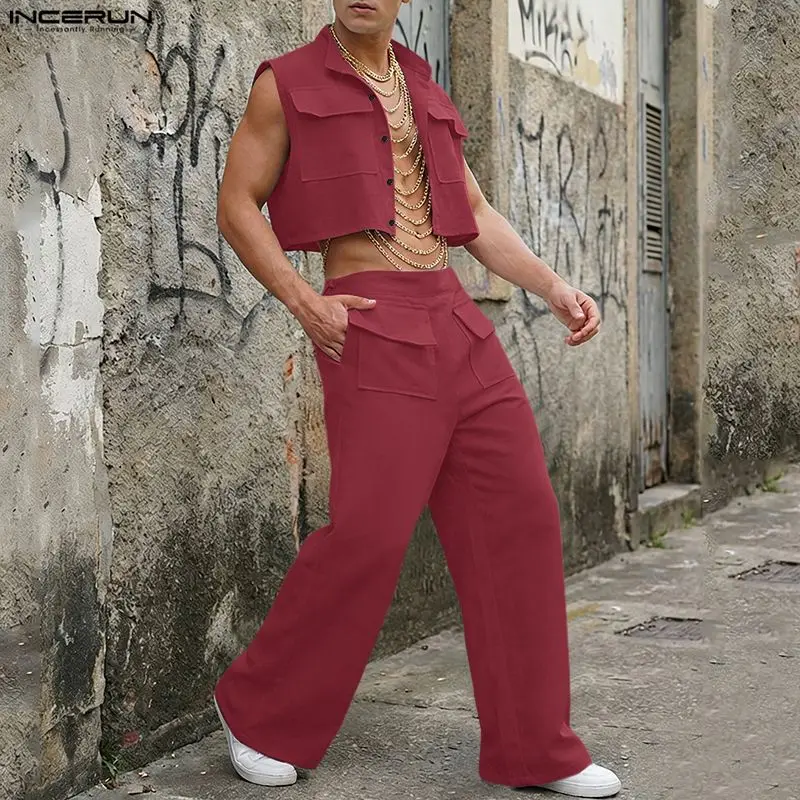 Mens Fashion Casual 2026 - Мужской комплект INCERUN: однотонные укороченные топы